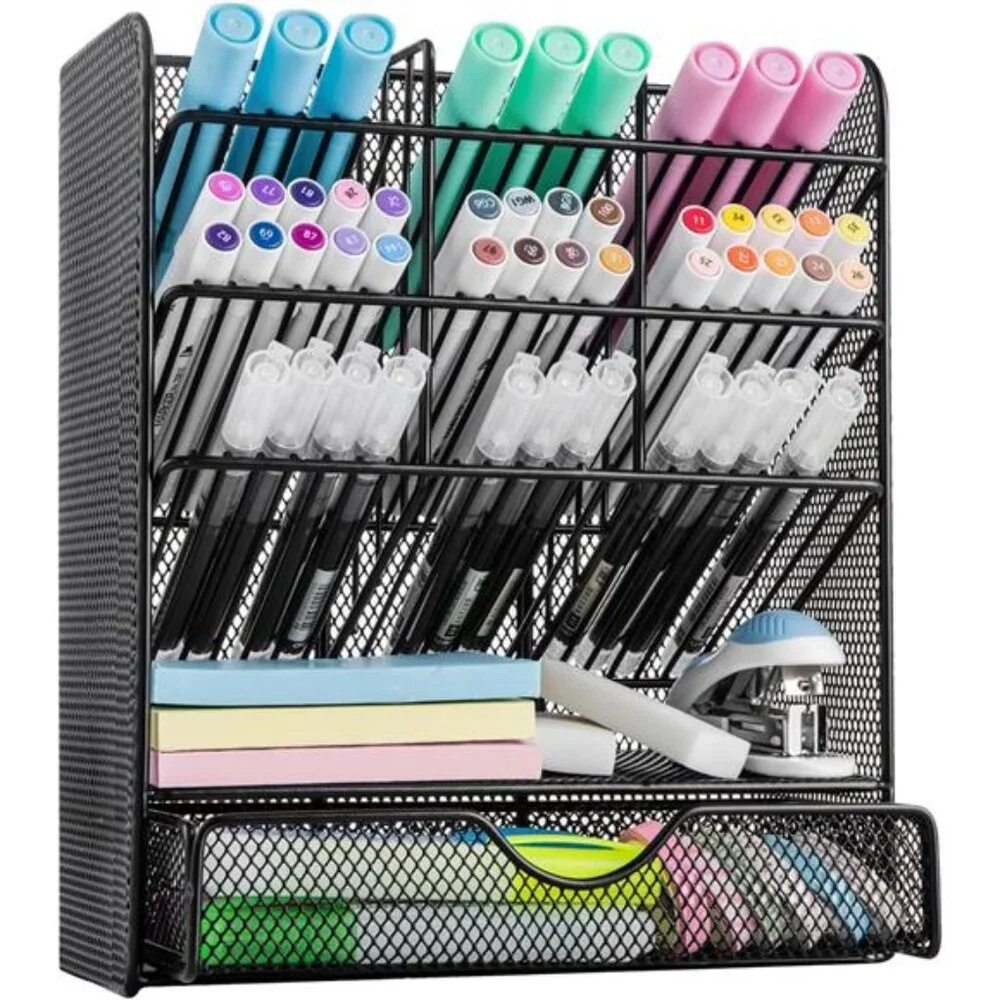 Metal Pen‎ Organizer with Drawer: Black Desk Organizer for School & Home